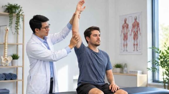 Physiotherapy session with two males